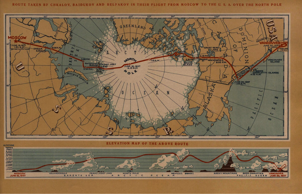 Карта беспосадочного перелёта Москва — Северный полюс — Ванкувер, из книги “Штурманский бортовой журнал самолета N025: первый беспосадочный перелет Москва - Северный полюс - США, 18-20 июня 1937 г., 1939”